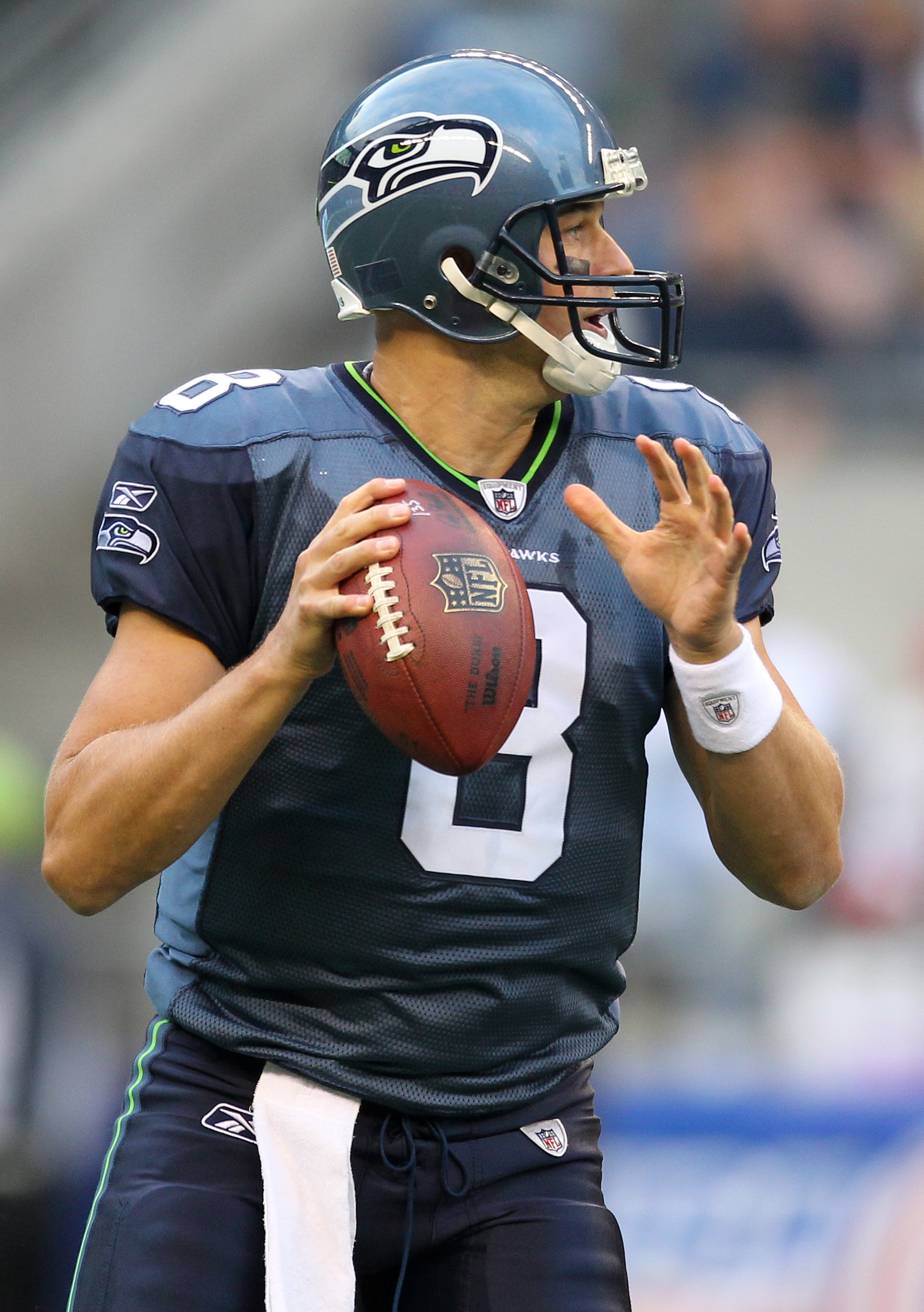 Seattle Seahawks' Matt Hasselbeck is seen during the first half of an NFL  football game against the Green Bay Packers Sunday, Dec. 27, 2009, in Green  Bay, Wis. (AP Photo/Jim Prisching Stock