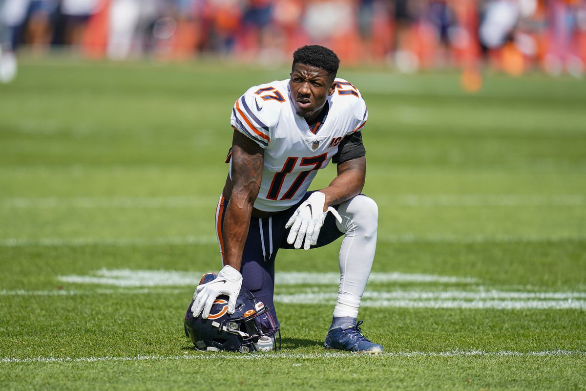 Chicago, Illinois, USA. 17th Sep, 2018. - Bears #17 Anthony Miller  celebrates his touchdown during the NFL Game between the Seattle Seahawks  and Chicago Bears at Soldier Field in Chicago, IL. Photographer: