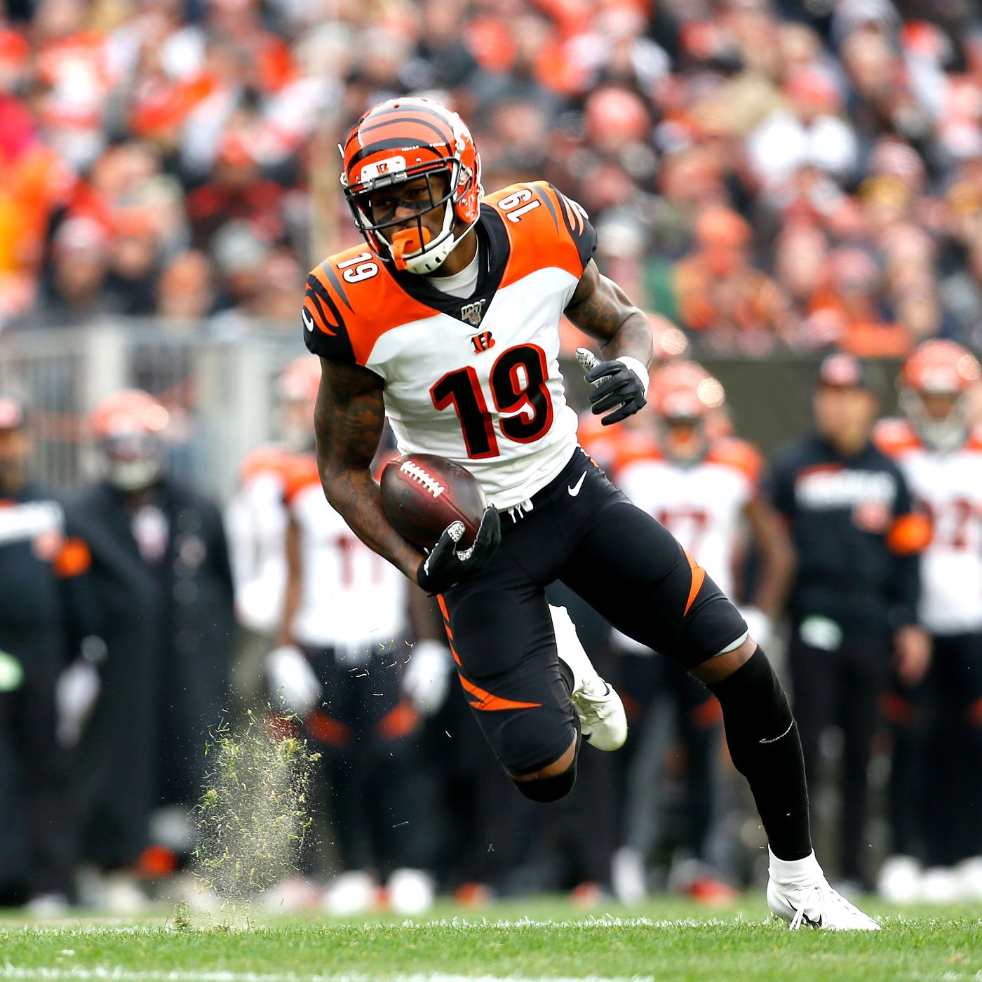 Cincinnati Bengals wide receiver Auden Tate (19) runs downfield